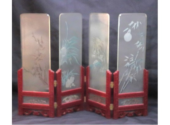 Antique Asian Etched Glass Table Screen Of The Four Seasons In Carved Holder