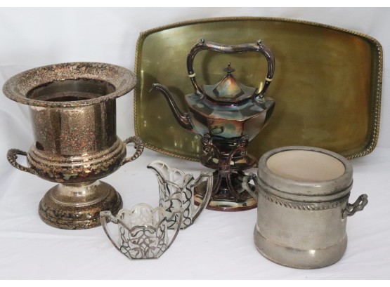 Silver Plated Lot With Ice Buckets, Antique Teapot, Brass Tray & More