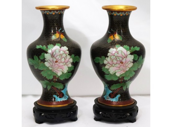Pair Of Finely Wrought Cloisonn  Vases With Chrysanthemum Flowers On Wood Stands
