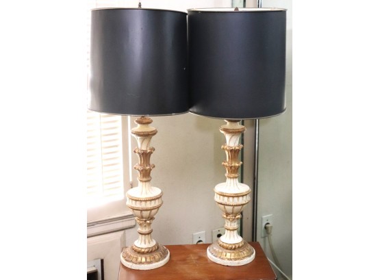 Pair Of Antique Candlestick Style Gilt Wood Table Lamps Made In Italy