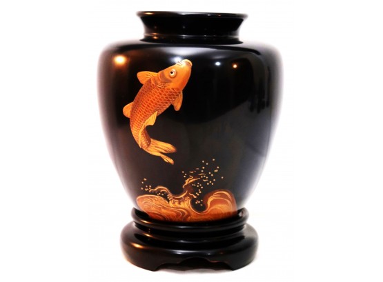 Japanese Black Lacquered Vase With Gilt Koi Fish On Stand