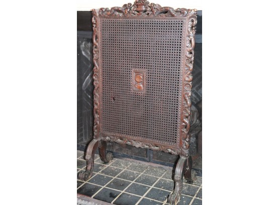 Antique Caned Summer Fireplace Screen With Knight & Intricately Carved Frame