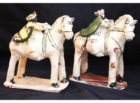 Pair Of Antique Clay Figures On Horseback Depicting The Magi