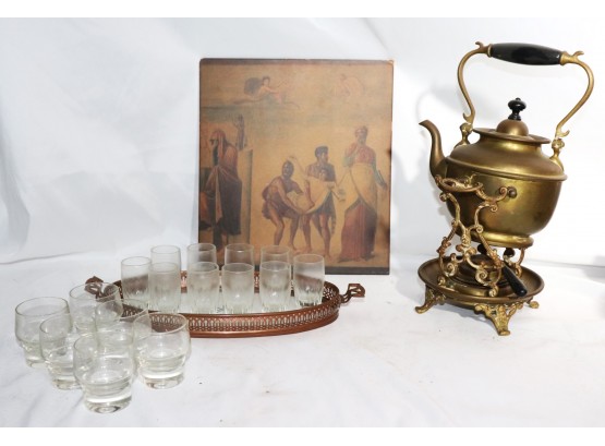 Tilting Brass Tea Kettle & Dainty Serving Tray With Shot Glasses
