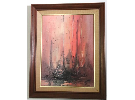Melancholy Painting Of Boats At Sunset Signed Garcia