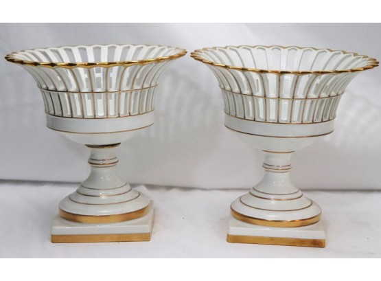 Pair Of Antique Style Porcelain Cachepots With Gilt Edges