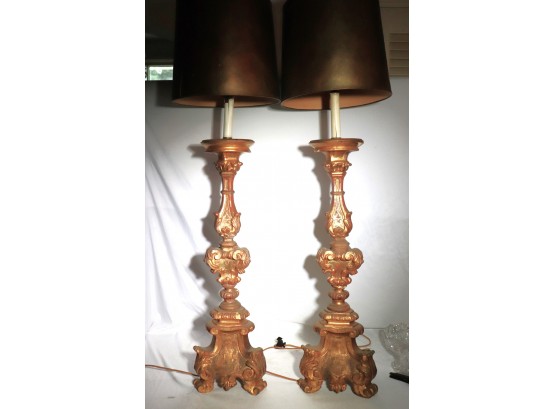 Pair Of Tall Gilt Wood Baroque Style Candlestick Lamps