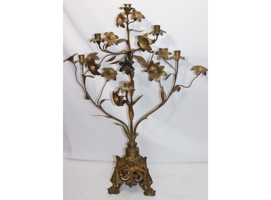 Antique Metal Candelabra With Lily Flower Design On Footed Base