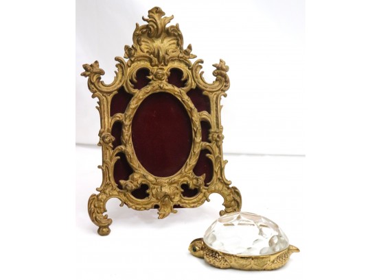 Rococo Metal Picture Frame & Faceted Glass Top Turtle Paperweight