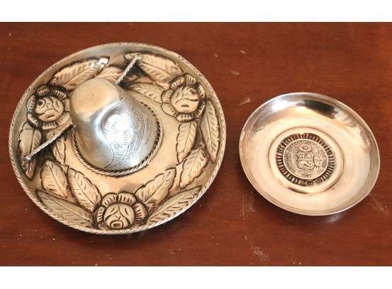 Sterling Silver Signed Sombrero & Small Sterling Silver Dish With Peruvian Coin 1907