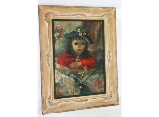 Jean Calogero Colorful Surrealist Oil Painting Of Young Girl With Floral Bonnet