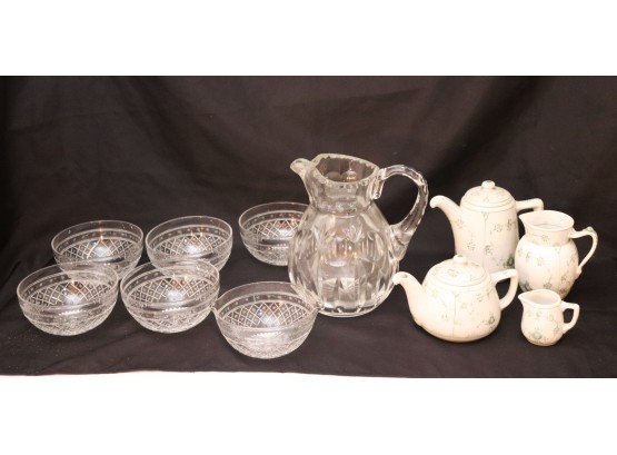 Royal Copenhagen Tea Set, Pressed Glass Pitcher & 6 Etched Glass Bowls