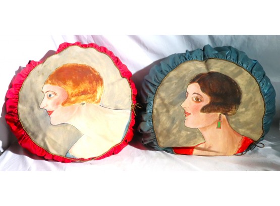 Pair Of Vintage Hand Painted Pillows With Portraits Of Society Ladies