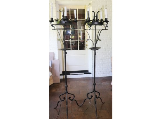 Pair Of Wrought Iron Gothic Style Floor Lamps With Clover Leaf Crowns