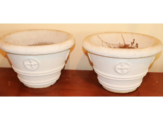 Pair Of Antique Whitewashed Cement Planters With Stylized Cross Design