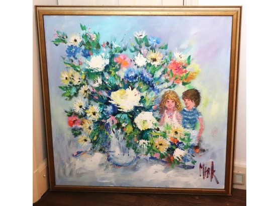 MCM Painting Of Young Boy & Girl Next To Large Floral Bouquet