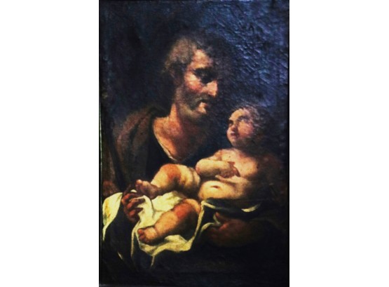 Antique Religious Themed Oil Painting Of Father & Child