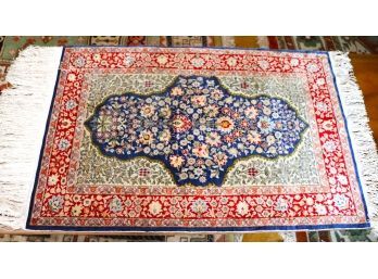 Vibrant Signed Handmade Silk Area Rug / Carpet With Floral Motif & Center Medallion