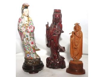 Asian Carved Wood Figurines & Hand Painted Porcelain Goddess