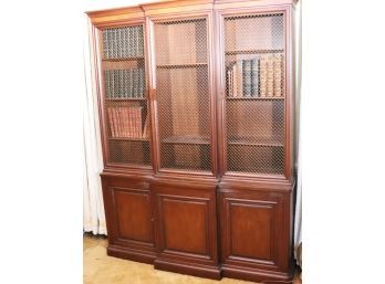 1940s Mahogany Bookcase With Brass Wire Door Fronts & Storage