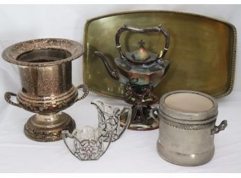 Silver Plated Lot With Ice Buckets, Antique Teapot, Brass Tray & More