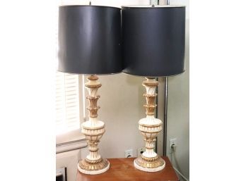 Pair Of Antique Candlestick Style Gilt Wood Table Lamps Made In Italy