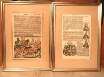 Pair Of Antique Illuminated German Manuscripts In Gold Frames