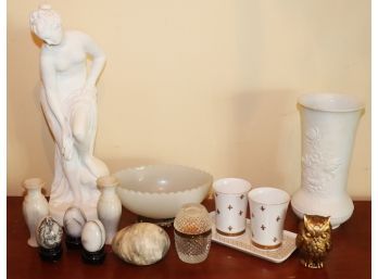 Decorative Lot With Cement Maiden Figurine, Kaiser Porcelain Vase & More