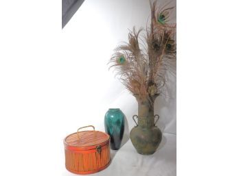 Patinated Metal Mexican Vase With Modern Ceramic Vase & Bamboo Box