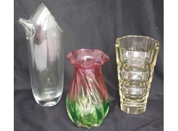 Group Of 3 Vintage Glass Items With Colorful Swirled Glass Vase & More