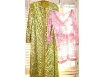 Vintage Long Opera Coat In Gold Brocade & Pink Lace Beaded Dress