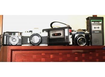 Lot Of Vintage Cameras & Cassette Recorder With Minolta, Kiowa, Ricoh
