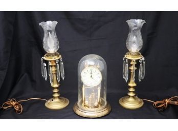 Glass Dome Anniversary Clock & Pr. Brass Candlestick Hurricane Lamps