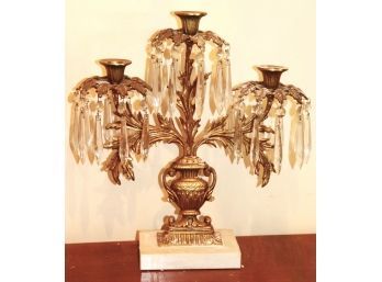 Pair Of Antique Brass Candelabra Candlesticks With Urn Motif & Crystals