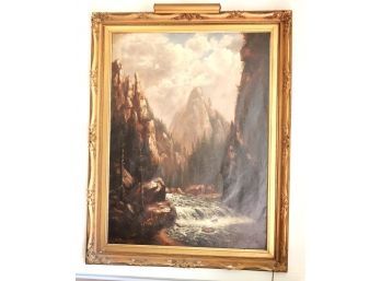 Antique Oversized 19th C. Oil Painting Of Mountains & Rushing River Signed C. J. Wilkins