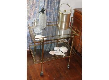 Chic Modernist Brass Bar Cart On Casters With Barware Accessories