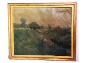 G. A. Aldrich Antique Landscape Oil Painting Of Field With Stream