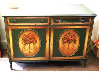 Antique French Style Painted Dresser With Floral Medallion Door Panel