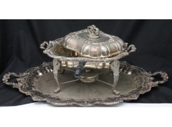 Elaborately Detailed Silver-Plated Serving Tray & Chafing Dish