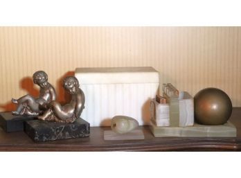 Antique Decorative Items With Cherub Bookends Marble Box & Onyx Cigarette Set