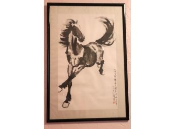 Vintage Chinese Watercolor Of Wild Horse With Poem & Seal