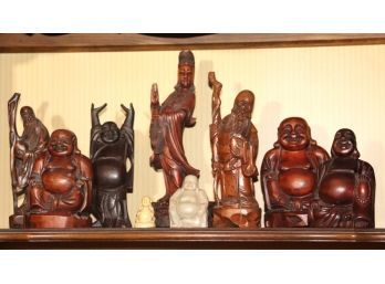 Lot Of 7 Carved Wood Asian Figures With Buddhas, Kwan Yin