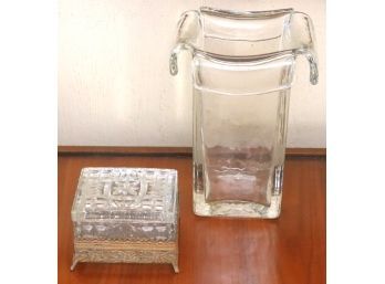 Modern Thick Glass Vase With Flap Style Rim & Cut-Glass Box