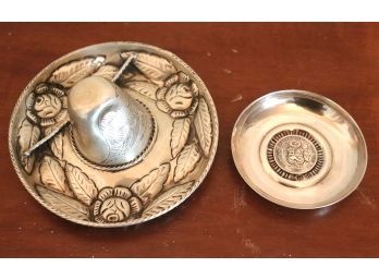 Sterling Silver Signed Sombrero & Small Sterling Silver Dish With Peruvian Coin 1907