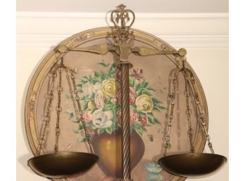 Vintage Italian Brass Scale On Marble Base & Signed Still Life Of Roses