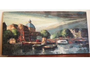 Signed 1950s Textured Oil Painting Of European City & Canal Unframed