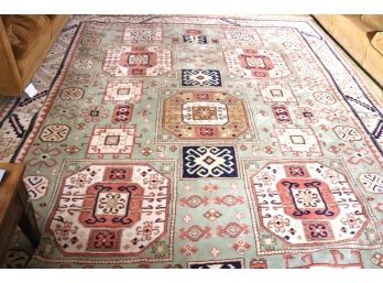 Hand Made Wool Area Rug / Carpet With Geometric Design On Sage Green Background