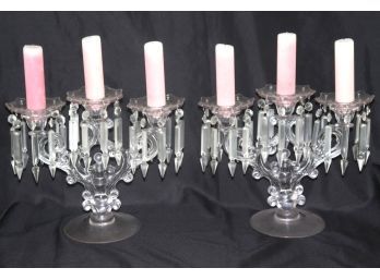 Pair Of 3 Arm Glass Lusters With Dangling Victorian Notched Crystals