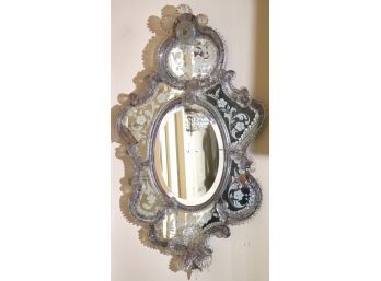 Antique Etched Glass Venetian Mirror With Murano Glass Leaves