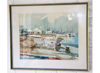 Signed Watercolor Of Boats In The Harbor Dated 1962
